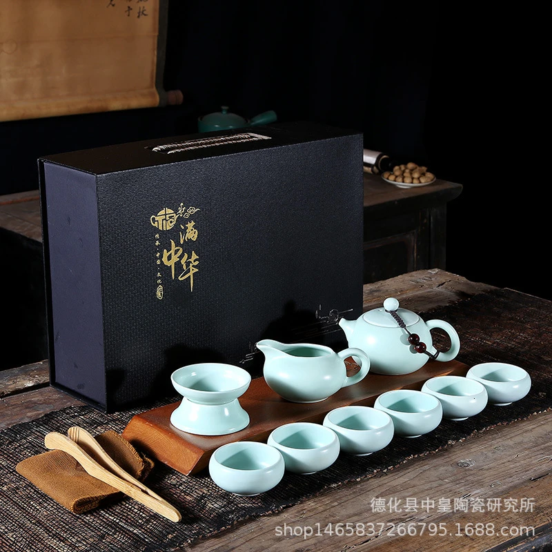

10 Head Black-pottery Tea Set Suit Coarse Pottery Determine Kiln A Complete Set Teapot Teacup Gift Packing Company