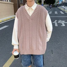 Sweater Vest Men's V-neck Twist Pullover Sweater Vest Men Korean Fashion Casual Vest Men's Loose Streetwear Sleeveless Vest