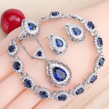 

Classic Women Bridal Jewelry Sets 925 Sterling Silver Blue Zirconia Wedding Jewellery Earrings Rings Bracelets Pendant Necklace