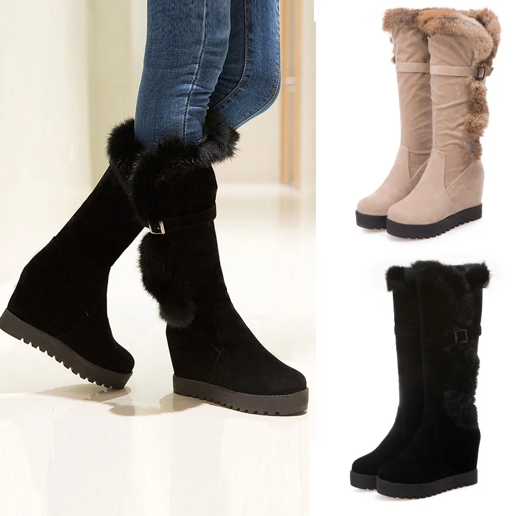 Women Solid Color Increased Warm Snow Boots Ladies Plush lining booties Winter Snow Boots Strap Shoes plus size 35-43 Comfort