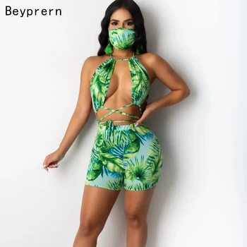 

Beyprern Tropical Hawaiian Print Tracksuit Set With Mask Womens Beach Suits Palm Print Bandage Crop Top And Shorts Set Two Piece