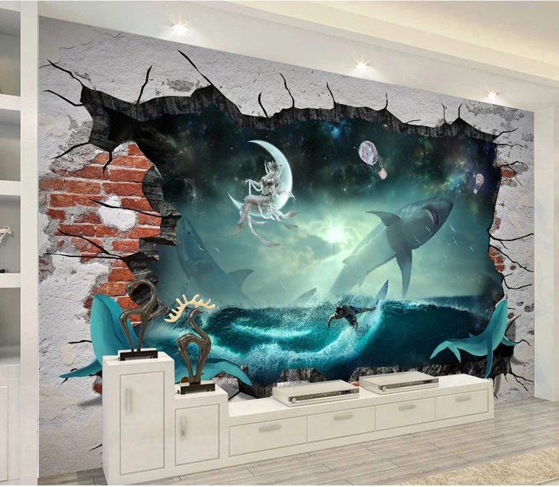 

Настенные 3D-обои с изображением моря, Кита, акулы, звездной Луны