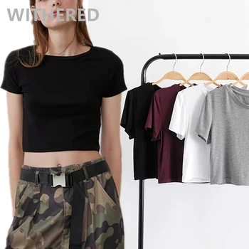 

Withered in blogger high street o-neck cotton short crop tops summer t shirt women harajuku tshirt camisetas verano mujer 2020