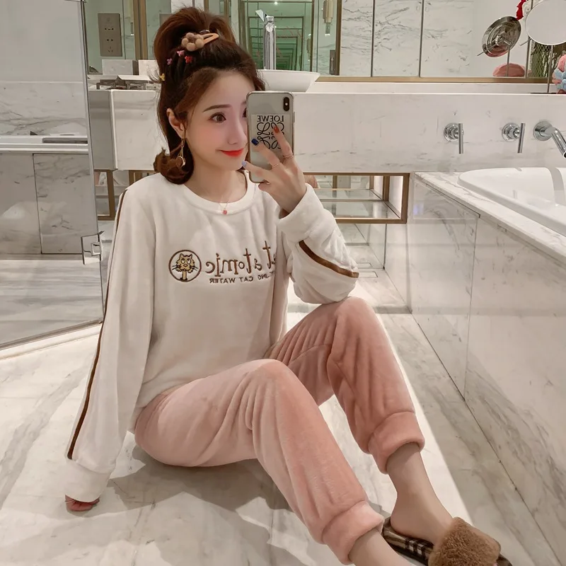 

Coral Velvet Pajamas Women's Autumn & Winter Cute Lettered Leopard Set Korean-style Students Thick Warm Flannel Tracksuit