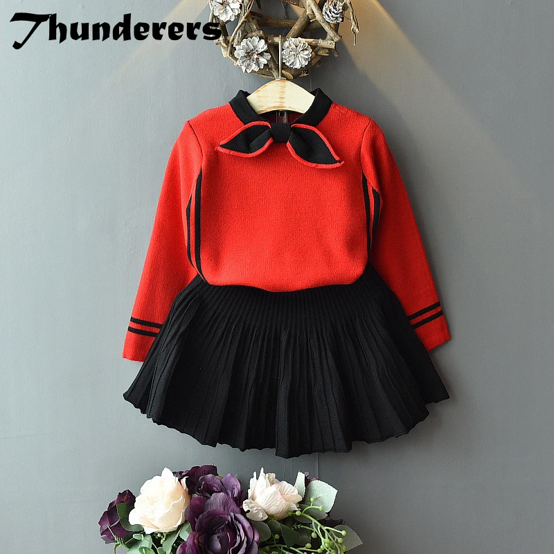 

Thunderers Knitting Children 2pcs Outfits Long Sleeve Bow Sweeater With Pleated Skirt Autumn Winter Elegant Girl Clothes Suit