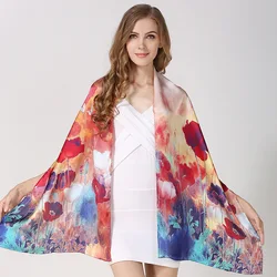 100% Mulberry Silk Satin Scarf Natural Printed Flowers Autumn Woman Wrap Ladies Spring Winter Fashion Large Scarves