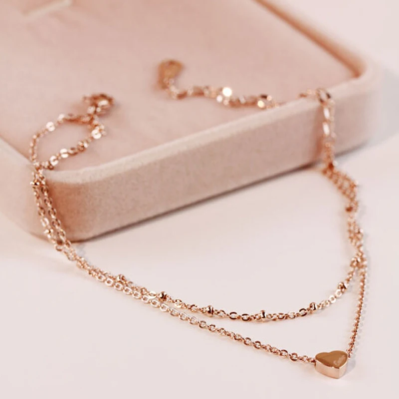 

2020 New Trend Two Layer Heart Anklet Bracelet For Women Rose Gold Stainless Steel Romantic Love Anklet Chain Holiday Gift