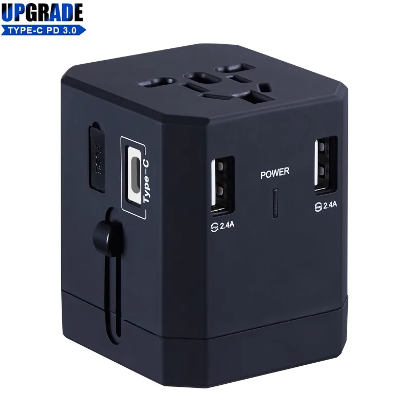 

Universal Travel Adapter Worldwide All in One Wall Charger AC Power Plug With 3 USB Ports 3.6A Type-C PD/QC3.0 Quick Charging