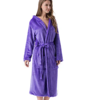 

Women Hooded Autumn Winter Pockets Bath Shimmer Solid Belt Luxury Night Midi Warm Dressing Gown Long Sleeve Flannel