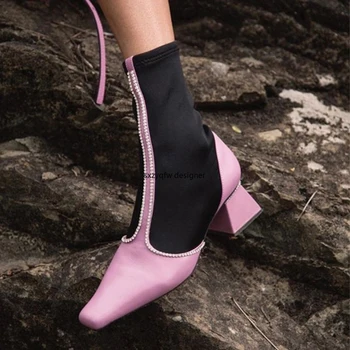 

Bling Crystal Diamond Decor Stretch Knitted Fabric Women Boots New Winter Ankle Boots Pointed Toe Ladies Boots Woman Botas Mujer