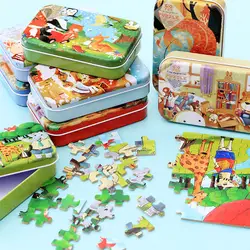 60 шт. деревянные головоломки детские игрушки железная коробка мультфильм деревянное животное головоломки Раннее развитие детей Обучающие