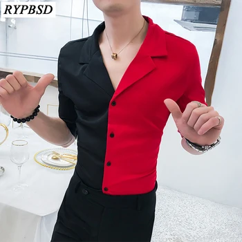 

2020 Half Sleeve Shirt Men Patchwork Turn Down Collar Design Print Mens Casual Shirts Slim Fit Tuxedo Summer Korean Men Shirt
