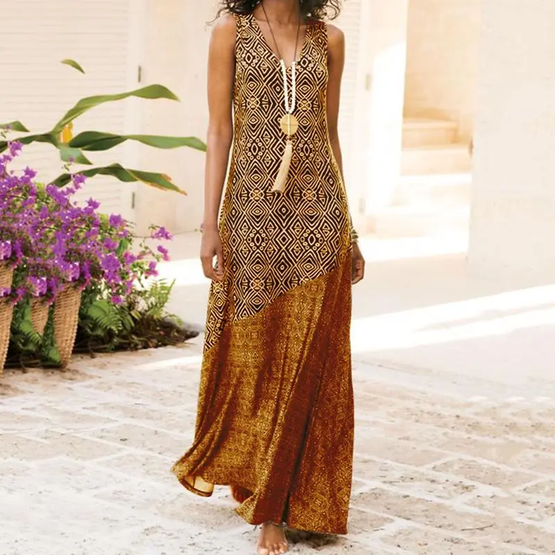 

Bohemian Floral Print Women Long Dress Plus Size Beach Sundress Sleeveless V-Neck Casual Maxi Dresses Sexy Elegant Ladies 2019