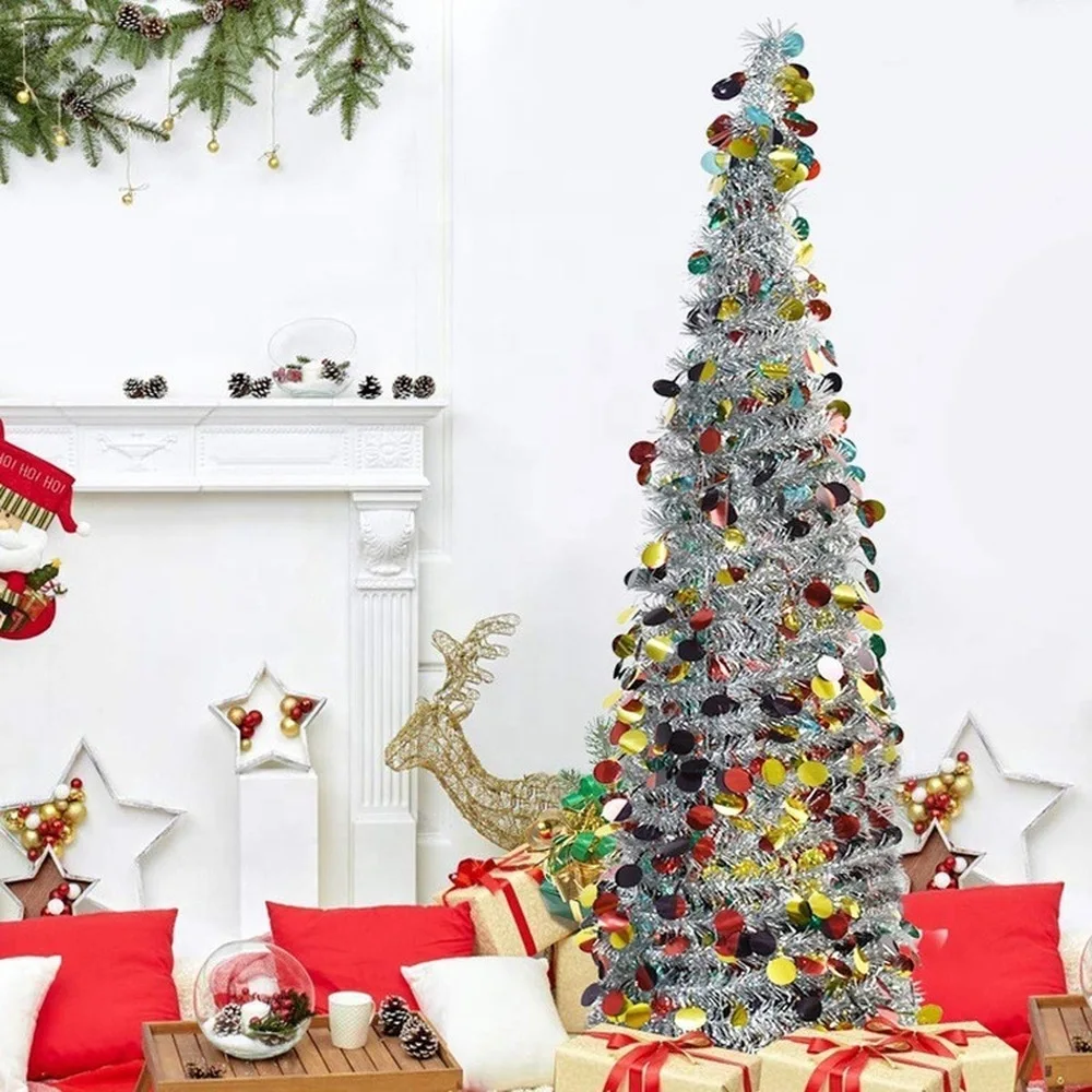 

1.5M Christmas Collapsible Foldable Slim Pop Up Tree Xmas Artificial Tinsel Sequins with Stand Reusable Christmas Decoration