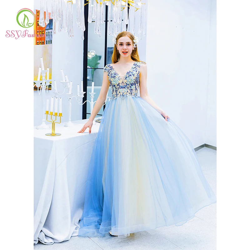 SSYFashion светло-голубое романтическое вечернее платье с v-образным вырезом и кружевной аппликацией и блестками длиной до пола длинное вечернее платье на Выпускной Vestidos De Noche