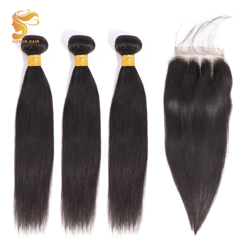 

AOSUN HAIR Brazilian Hair Weave Bundles Straight Hair Bundles With Closure 100% Human Hair Extensions Remy Hair Natural Color