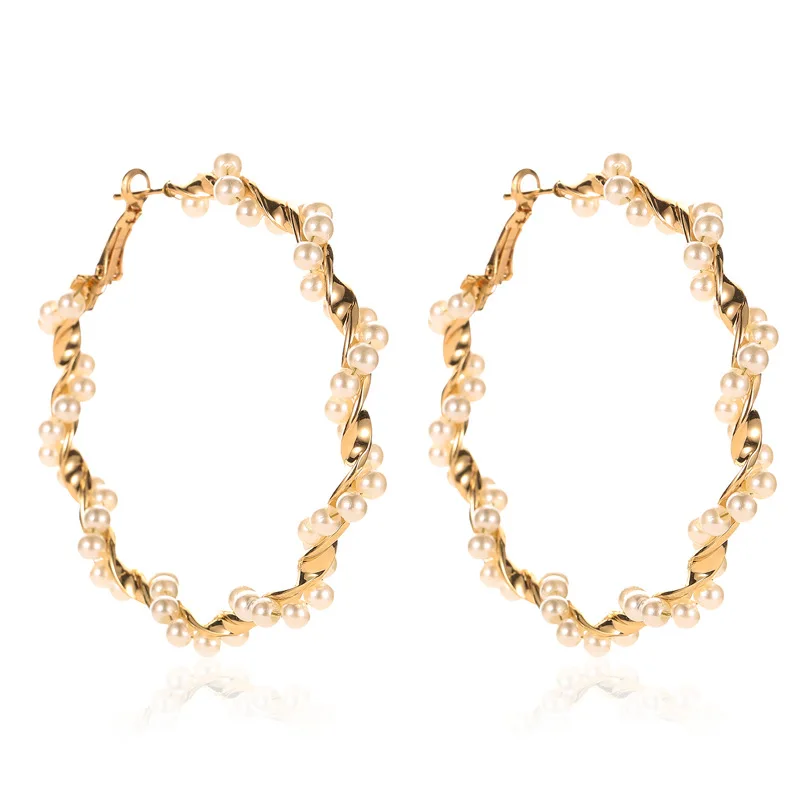 

2019 Fashion Round Big Ring Earrings Weave Imitation Pearl Geometric Earrings Big Earrings for Women Party Jewelry