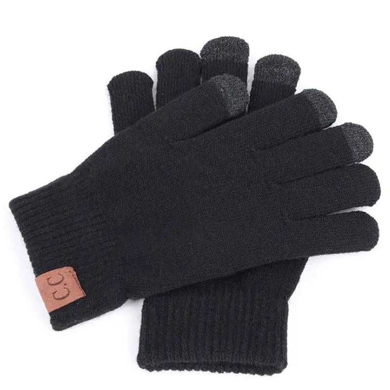 Красочные зимние перчатки с сенсорным экраном для мужчин и женщин, тянущиеся вязаные варежки, вязаные перчатки, перчатки для мобильного телефона с пятью пальцами на запястье - Цвет: Черный