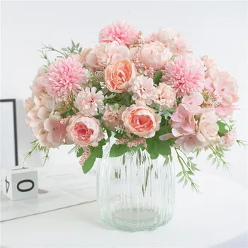 

7 Heads Hydrangea Flowers Artificial Bouquet Silk Blooming Fake Peony Bridal Hand Flower Roses Wedding Home Decor