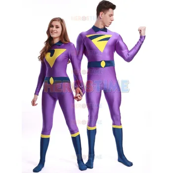 

High Quality Adult Mens/Women Halloween Wonder Twins Costume Superhero Lycra Zentai Zan/Jayna Cosplay Costumes Female/Male Suit