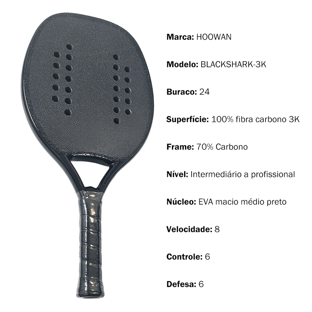 Hoowan Professional Racket Beach Tennis 3K Carbon Fiber Beach Tennis Racket Full Carbon Powerful Black EVA Core & Storage Cover