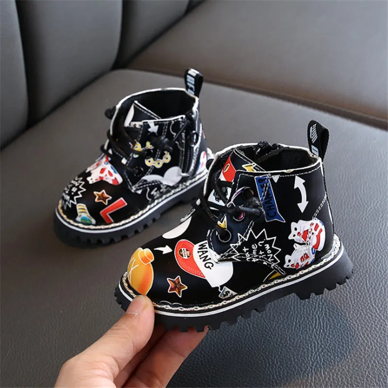 

DIMI Baby Boots 2019 Autumn/Winter Boy Girl Infant Toddler Martin Shoes Fashion Printing PU Leather Non-slip Child Boots
