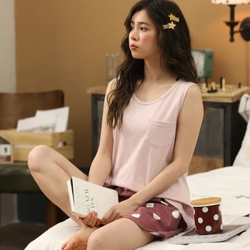 

Sexy sleeveless Summer style pajamas sets Women Female Sleep set Women's Deep V-neck Shorts Sleepwear homewear