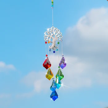 

H&D Chakra Crystal Maple Leaf Prism Suncatcher Rainbow Maker Hanging Crystals Ornament Tree of Life Decor for Home Window Garden