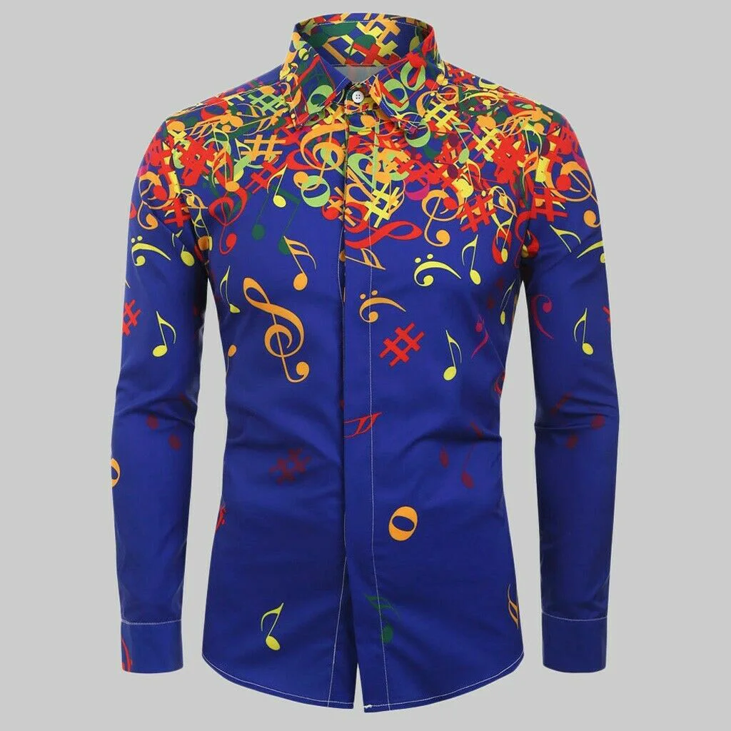 Синий Мужская Повседневная рубашка с длинным рукавом и принтом в виде нот, вечерние блузки FEA889 - Цвет: Синий