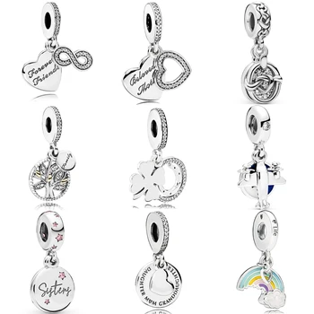 

100% 925 Sterling Silver Knotted Hearts & Forever Friends Dangle Charm Fit pandora Bracelet Necklace Rainbow Pendant DIY Jewelry
