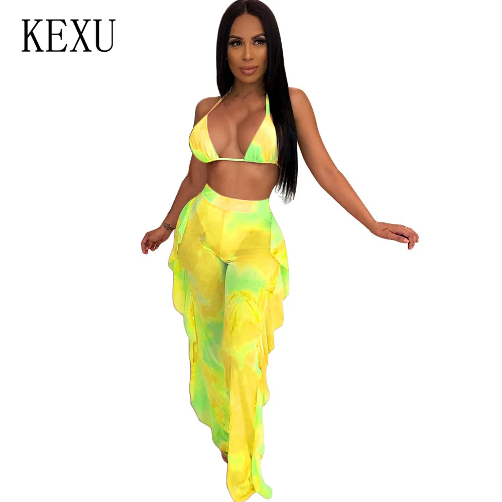 

KEXU Rompers See Through Mesh 2 Pieces Sets Ruffles Jumpsuits Sexy Sleeveless Hollow Out Halter Playsuits Femme Summer Overalls