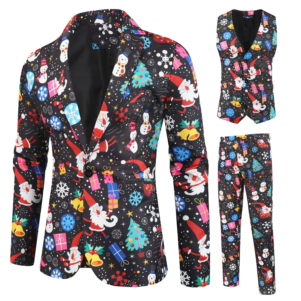 

2020 new European and American casual suit three-piece suit Christmas 3D casual green suit vest suit