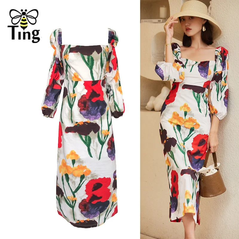 Tingfly винтаж Франция шик Цветочный Принт бохо платье для женщин элегантное боковое Сплит миди богемное платье повседневное уличная Vestidos
