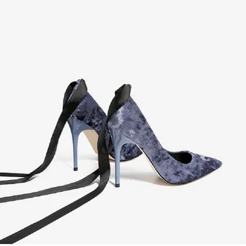 

2019 spring new pointed shallow mouth super high heel women's shoes wild velvet stiletto high heel straps women's shoes