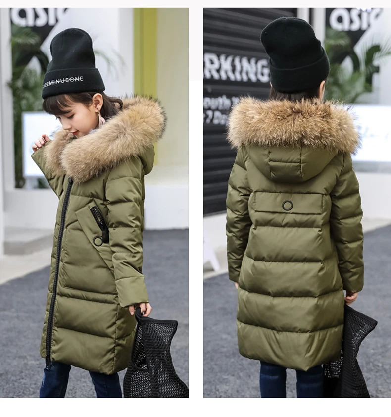 30degree Winter Warm Girl's Down Jackets Children Solid Long Down Parkas Coat Real Fur Hooded Kids Girls Teenager Outwear TZ139