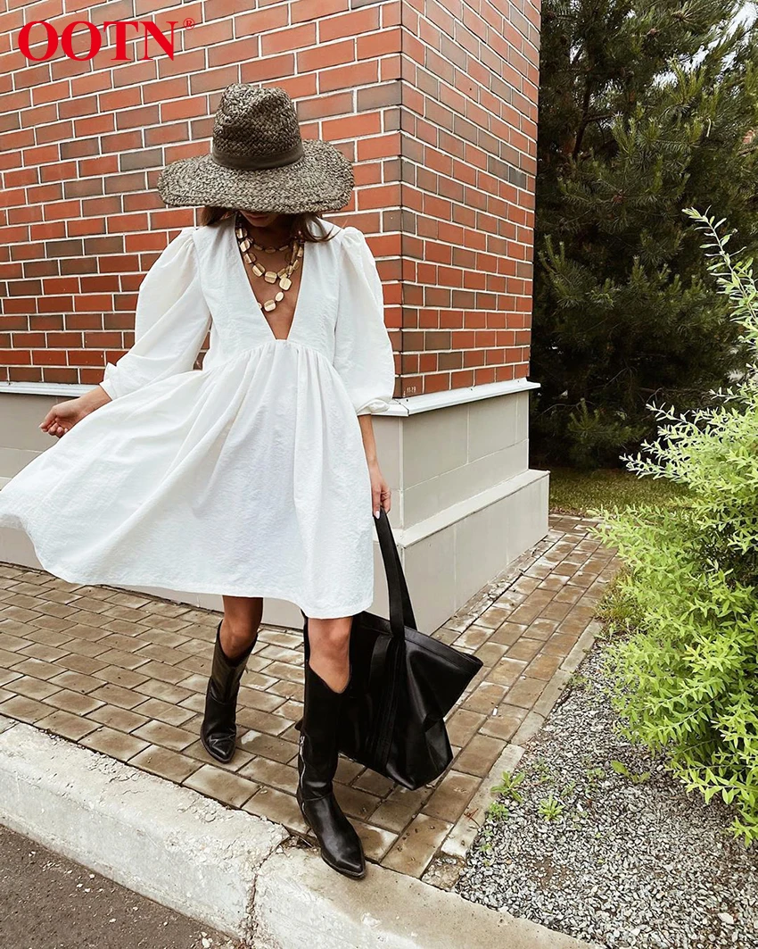 FREE SHIPPING Midi Dress Puff Long Sleeve V Neck OUT0835