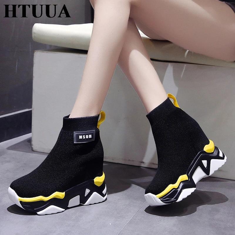 HTUUA/эластичные вязаные носки; женская обувь, увеличивающая рост; женские Сникеры на платформе 10 см; дышащая Осенняя обувь; SX3380