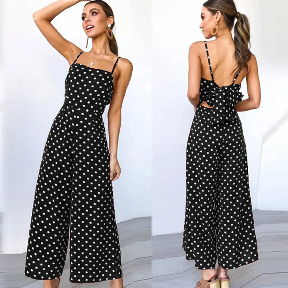 Sleeveless Backless Boho Bow knot Dot Jumpsuits Women 2020 Summer Romper Strap Beach Club