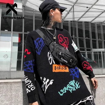 

11 BYBB'S DARK Funny Graffiti Knittwear Mens Sweaters Hip Hop Oversized Outwear Streetwear Full Tops 2019 Casual Male Pullovers