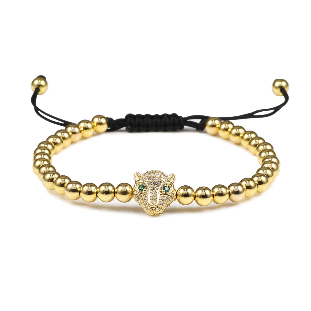 Adjustable Gold Color Micro Pave Bracelets Crystal Copper Ball Beads Leopard head Bracelet Handmade Weave Macrame Male Jewelry
