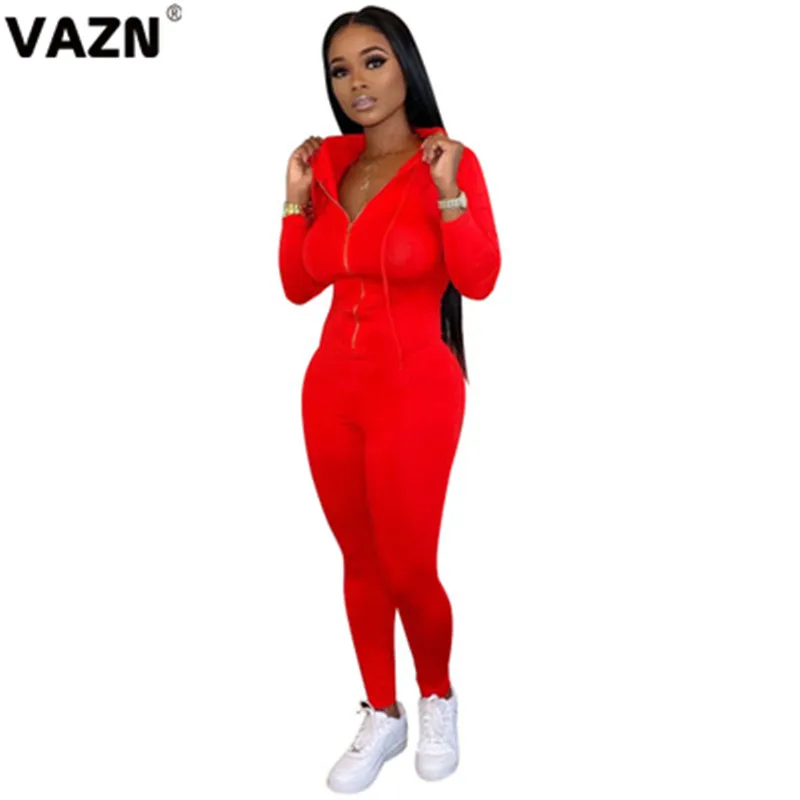 VAZN,, сексуальный, для снижения возраста, свободный, мягкий, модный, однотонный, с капюшоном, длинный рукав, для женщин, на молнии, эластичный тренировочный костюм, Длинные Комбинезоны