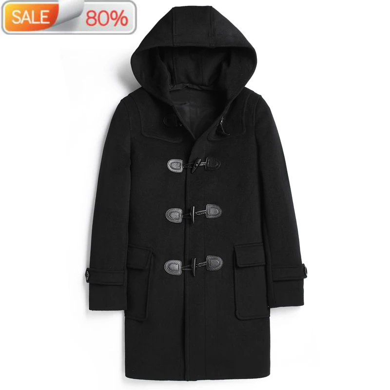 Двустороннее пальто из 100% шерсти мужская куртка с капюшоном Осень-зима черное