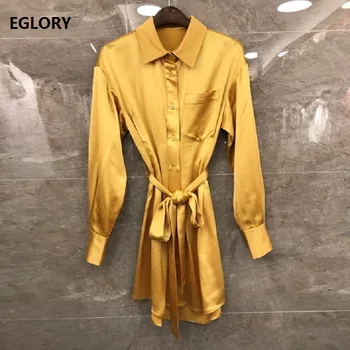 

High Quality Long Shirt Dress 2019 Autumn Style Women Turn-down Collar Bow Belted Long Sleeve Yellow Blue Black Long Tops Dress