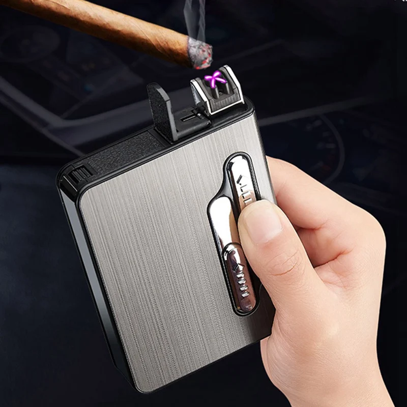 

Portable USB Electronic Cigarette Case With Double Arc Lighter 20pcs Cigarette Box Holder USB Charging Lighter Gadgets For Men