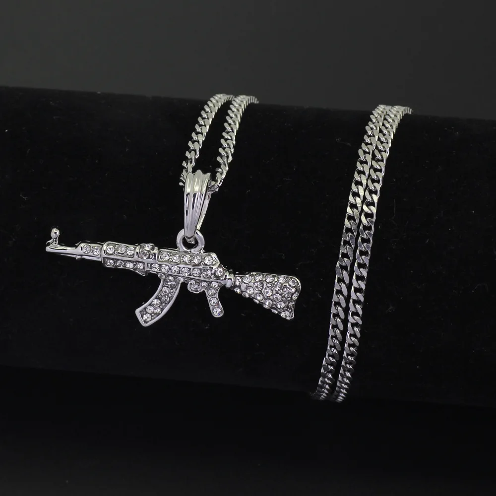 Хип-хоп Стразы украшенные золотом нержавеющая сталь Ak 47 кулоны с оружием