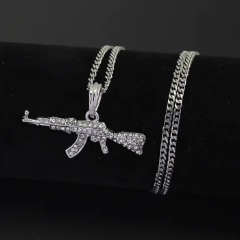 

HipHop Rhinestone Paved Bling Gold Silver Color Stainless Steel Ak 47 Gun Pendants Necklace For Men Rapper Best Jewelry Choker