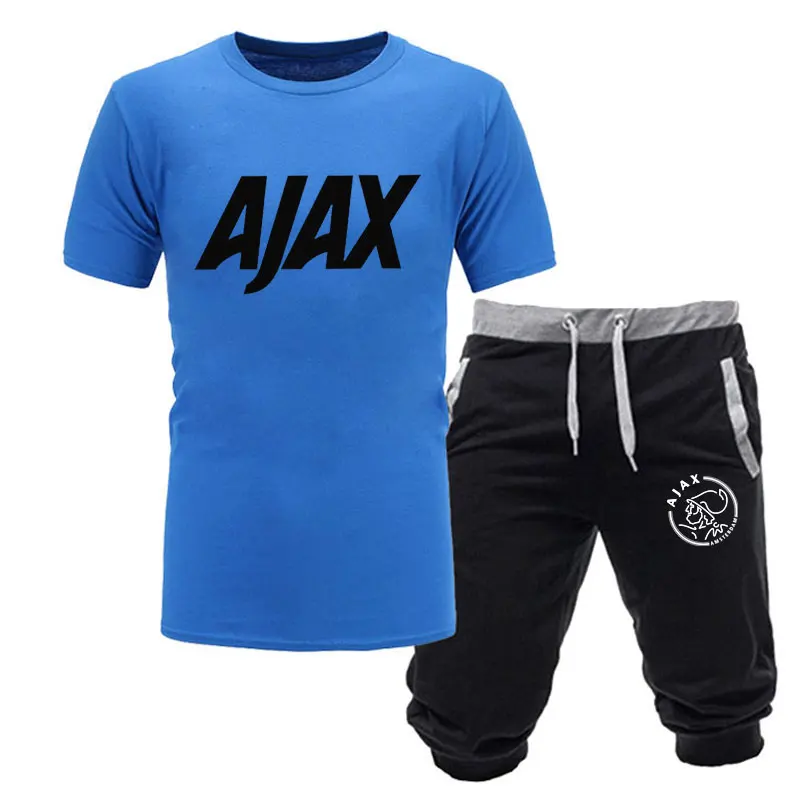 Модные футболки ajax, забавные мужские футболки+ шорты, два предмета, футболки с коротким рукавом, роскошные летние хлопковые футболки - Цвет: blue2