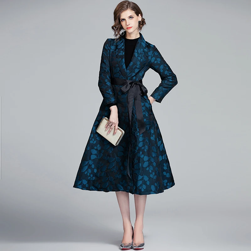 Новинка, популярный жаккардовый женский длинный Тренч, пальто Casacas Para Mujer Invierno, длинный рукав, черное пальто Casaco Feminino K6581