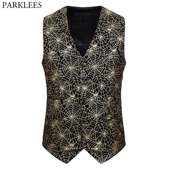 

Spider Web Gold Print Halloween Vest Men 2020 Hipster Club Party Prom Vests Waistcoat Mens Single Breasted Chalecos Para Hombre