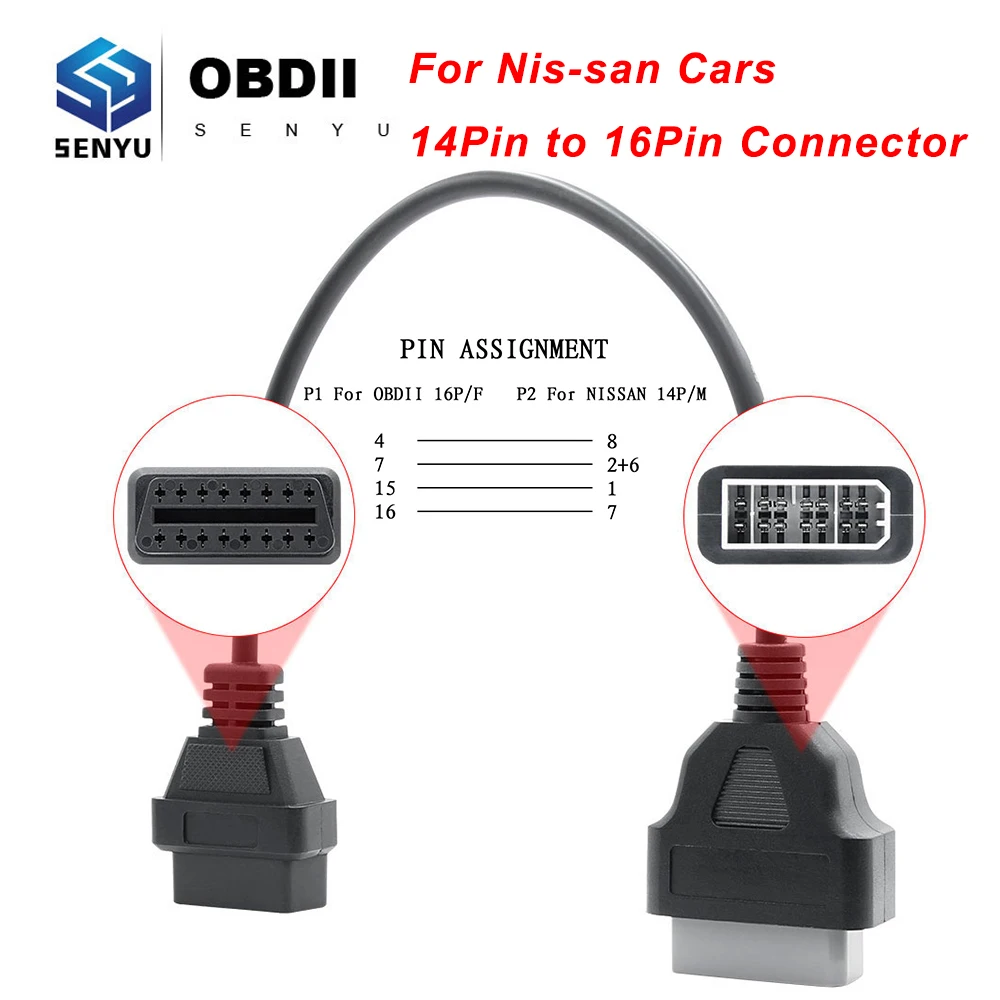 For Nissan 14 Pin OBD to OBD2 16Pin Connector Adapter For Nissan 14 Pin ...